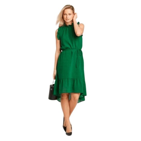 Who What Wear Kelly Green Polka Dot Ruffle High-Low Midi Dress - Picture 3 of 5